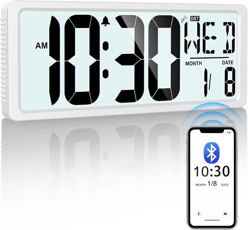 Bluetooth Time Sync Digital Wall Clock Battery Operated with Backlight, Auto DST Large Digital Wall Clock with Day, Date & Temperature, 15'' Large Digital Clock for Home, Bedroom, Office in Saudi Arabia