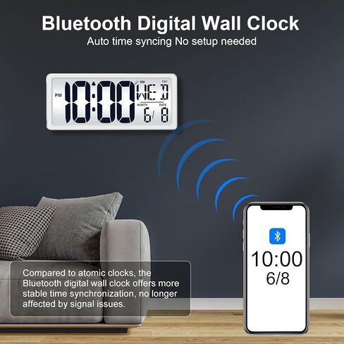 Bluetooth Time Sync Digital Wall Clock Battery Operated with Backlight, Auto DST Large Digital Wall Clock with Day, Date & Temperature, 15'' Large Digital Clock for Home, Bedroom, Office in Saudi Arabia