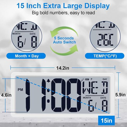 Bluetooth Time Sync Digital Wall Clock Battery Operated with Backlight, Auto DST Large Digital Wall Clock with Day, Date & Temperature, 15'' Large Digital Clock for Home, Bedroom, Office in Saudi Arabia