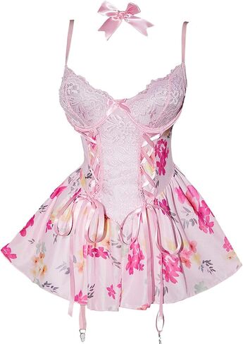 YUNAR Women Sheer Sexy Underwire Floral Lace Babydoll Sleepwear Lingerie Garter Set in Saudi Arabia