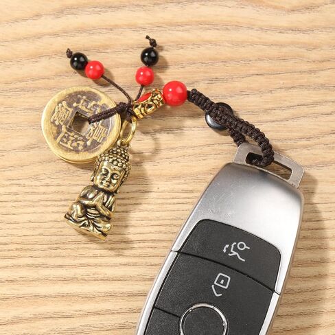النحاس Sakyamuni Buddha Keychain مع عملات Feng Shui ، Buddha تمثال مفتاح الحلقة كما هو الحال مع سحر الحظ الحظ المحظوظ in Kuwait