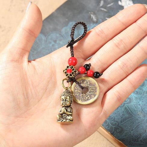النحاس Sakyamuni Buddha Keychain مع عملات Feng Shui ، Buddha تمثال مفتاح الحلقة كما هو الحال مع سحر الحظ الحظ المحظوظ in Kuwait