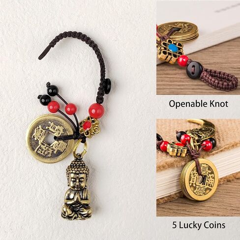 النحاس Sakyamuni Buddha Keychain مع عملات Feng Shui ، Buddha تمثال مفتاح الحلقة كما هو الحال مع سحر الحظ الحظ المحظوظ in Kuwait
