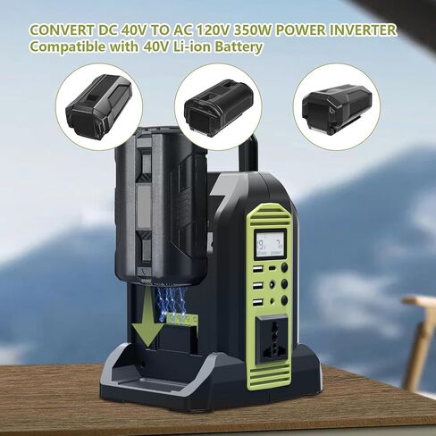 350W Power Inverter 2 Port Pure Sine Wave Inverter Compatible with Ryobi 40V Li-ion Battery, DC 40V to AC 120V with AC Outlet, USB Port, Type-C Port, 300LM LED Light for Camping Emergency in Saudi Arabia