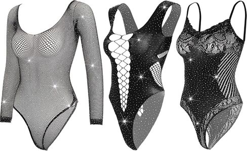 3pcs نساء راينستون bodysuit أسود شبكة السمك الشبكية in Saudi Arabia