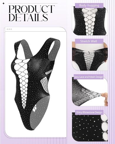 3pcs نساء راينستون bodysuit أسود شبكة السمك الشبكية in Saudi Arabia