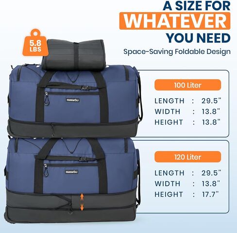 Fanwoli 32 '' Rolling Duffel Bag مع عجلتين-تصميم بدون SAG للأحمال الثقيلة ، وقابل للتوسيع 100 لتر -20L على أمتعة مع قفل ، ومساء ماء قابلة للطي للسفر ، والتخييم ، والتحرك ، والتحرك in Kuwait