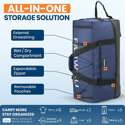 Fanwoli 32 '' Rolling Duffel Bag مع عجلتين-تصميم بدون SAG للأحمال الثقيلة ، وقابل للتوسيع 100 لتر -20L على أمتعة مع قفل ، ومساء ماء قابلة للطي للسفر ، والتخييم ، والتحرك ، والتحرك in Kuwait