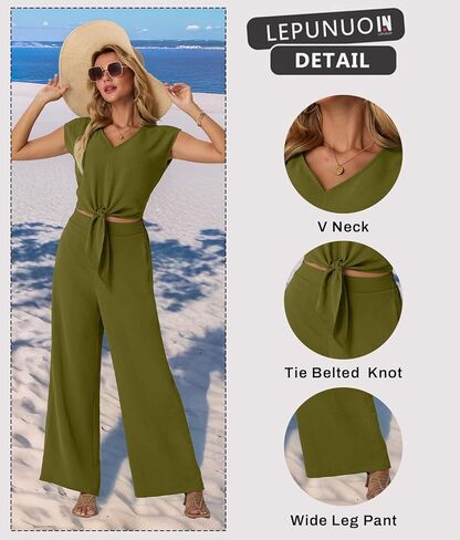 Lepunuo Women Summer Summer 2 قطعة ملابس الغطاء الخامس من الرقبة المحصول تروبس قمم سراويل عريضة عريضة الساقين مجموعات مجموعات السفر in Kuwait