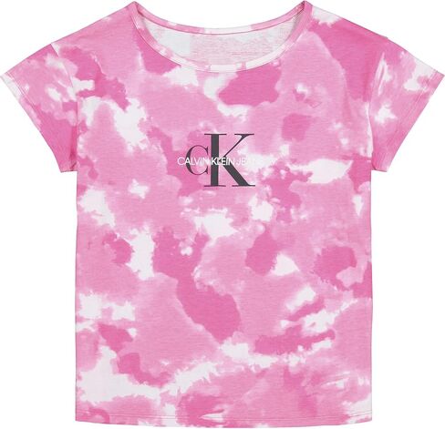 Calvin Klein Girls' Short Sleeve Tee Shirt, Cute & Colorful Logo Design, Relaxed Fit & Round Neckline, White with Rainbow Logo, Size S 7 in Saudi Arabia