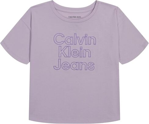 Calvin Klein Girls' Short Sleeve Tee Shirt, Cute & Colorful Logo Design, Relaxed Fit & Round Neckline, White with Rainbow Logo, Size S 7 in Saudi Arabia