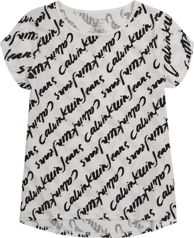 Calvin Klein Girls' Short Sleeve Tee Shirt, Cute & Colorful Logo Design, Relaxed Fit & Round Neckline, White with Rainbow Logo, Size S 7 in Saudi Arabia