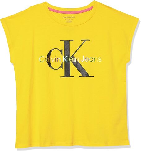 Calvin Klein Girls' Short Sleeve Tee Shirt, Cute & Colorful Logo Design, Relaxed Fit & Round Neckline, White with Rainbow Logo, Size S 7 in Saudi Arabia