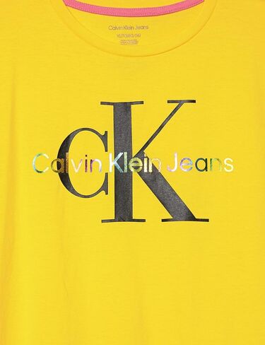 Calvin Klein Girls' Short Sleeve Tee Shirt, Cute & Colorful Logo Design, Relaxed Fit & Round Neckline, White with Rainbow Logo, Size S 7 in Saudi Arabia