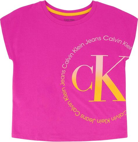 Calvin Klein Girls' Short Sleeve Tee Shirt, Cute & Colorful Logo Design, Relaxed Fit & Round Neckline, White with Rainbow Logo, Size S 7 in Saudi Arabia
