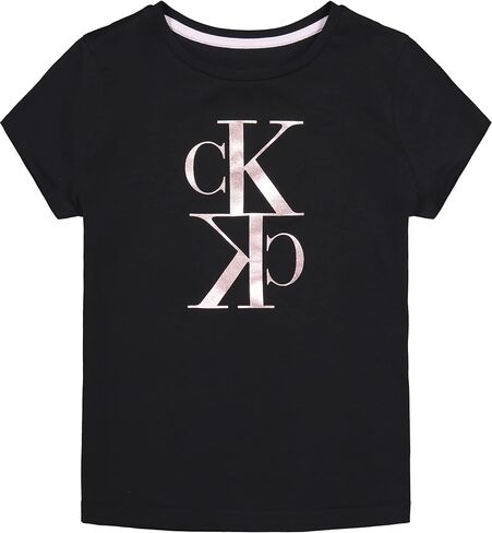 Calvin Klein Girls' Short Sleeve Tee Shirt, Cute & Colorful Logo Design, Relaxed Fit & Round Neckline, White with Rainbow Logo, Size S 7 in Saudi Arabia