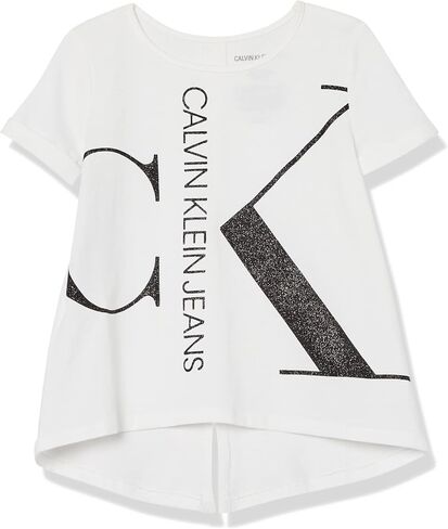 Calvin Klein Girls' Short Sleeve Tee Shirt, Cute & Colorful Logo Design, Relaxed Fit & Round Neckline, White with Rainbow Logo, Size S 7 in Saudi Arabia