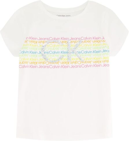 Calvin Klein Girls' Short Sleeve Tee Shirt, Cute & Colorful Logo Design, Relaxed Fit & Round Neckline, White with Rainbow Logo, Size S 7 in Saudi Arabia