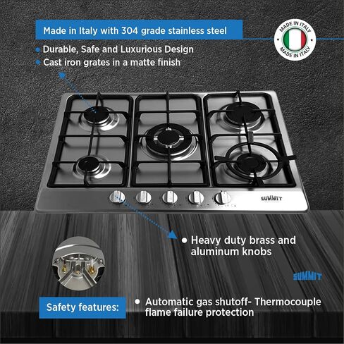 Summit Appliance GC5272B 5-Burner Gas Cooktop, 27" Width with 5 Burners, Steel Surface in Black Matte Finish, Wok Ring Included, Two Semi-Rapid Burners, Centralized Controls, Conversion Kit Included in Saudi Arabia