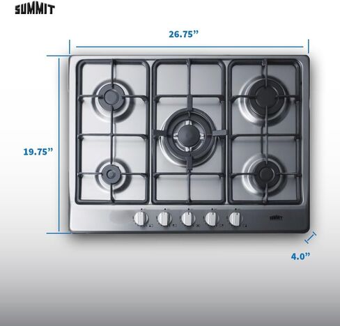 Summit Appliance GC5272B 5-Burner Gas Cooktop, 27" Width with 5 Burners, Steel Surface in Black Matte Finish, Wok Ring Included, Two Semi-Rapid Burners, Centralized Controls, Conversion Kit Included in Saudi Arabia