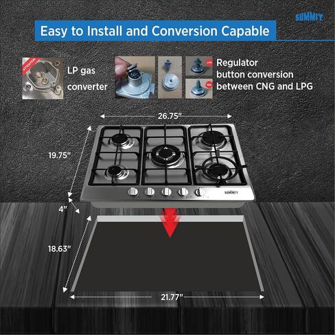 Summit Appliance GC5272B 5-Burner Gas Cooktop, 27" Width with 5 Burners, Steel Surface in Black Matte Finish, Wok Ring Included, Two Semi-Rapid Burners, Centralized Controls, Conversion Kit Included in Saudi Arabia