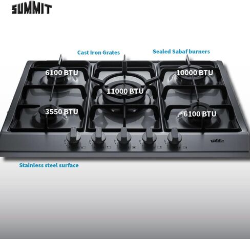 Summit Appliance GC5272B 5-Burner Gas Cooktop, 27" Width with 5 Burners, Steel Surface in Black Matte Finish, Wok Ring Included, Two Semi-Rapid Burners, Centralized Controls, Conversion Kit Included in Saudi Arabia