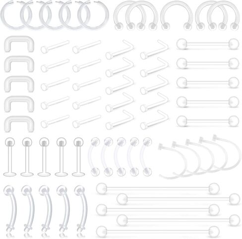 D.Bella Clear Cartilage Earring Retainer 16G 14G Piercing Retainers 24Pcs Flexible Acrylic Helix Hoop Bioflex Nose Lip Stud Eyebrow Tragus Septum Horseshoe Rings Body Jewelry in Saudi Arabia