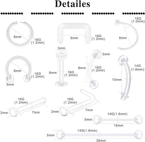 D.Bella Clear Cartilage Earring Retainer 16G 14G Piercing Retainers 24Pcs Flexible Acrylic Helix Hoop Bioflex Nose Lip Stud Eyebrow Tragus Septum Horseshoe Rings Body Jewelry in Saudi Arabia