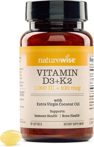 NatureWise Vitamin D3 1000IU + K2 (MK7) 100mcg with Organic Extra Virgin Coconut Oil - Supports Calcium Absorption, Bone & Immune Health - Non-GMO, Soy & Gluten-Free - 90 Softgels[3-Month Supply] in Saudi Arabia