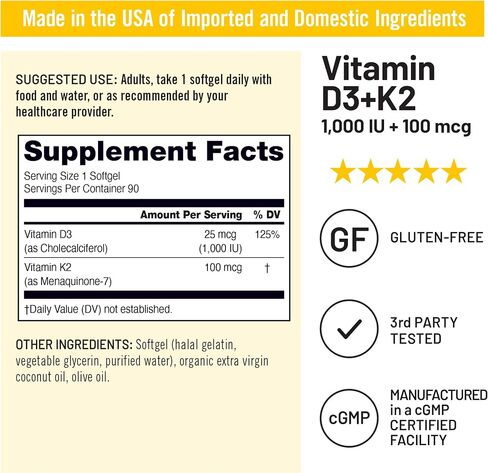 NatureWise Vitamin D3 1000IU + K2 (MK7) 100mcg with Organic Extra Virgin Coconut Oil - Supports Calcium Absorption, Bone & Immune Health - Non-GMO, Soy & Gluten-Free - 90 Softgels[3-Month Supply] in Saudi Arabia