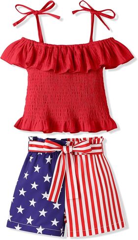 Toddler Girl Clothes Tie Knot Shoulder Sleeveless Ruffle Tops Bow Tie Waist Shorts Toddler Clothes for Girls in Kuwait