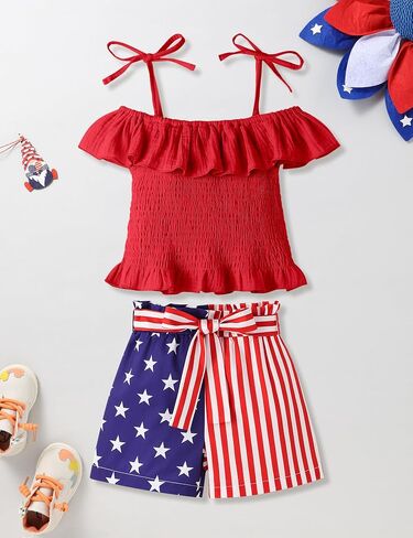 Toddler Girl Clothes Tie Knot Shoulder Sleeveless Ruffle Tops Bow Tie Waist Shorts Toddler Clothes for Girls in Kuwait