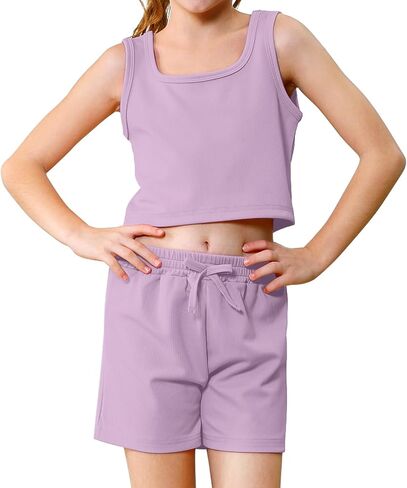 U·nikaka Girls 2 Piece Outfits Casual Girls Shorts Sets Sleeveless Crop Tank Top and Short Sets Ribbed Workout Sets Summer in Kuwait