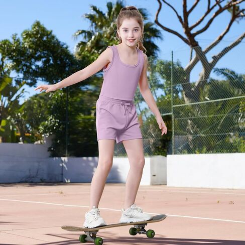 U·nikaka Girls 2 Piece Outfits Casual Girls Shorts Sets Sleeveless Crop Tank Top and Short Sets Ribbed Workout Sets Summer in Kuwait