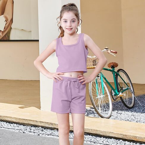 U·nikaka Girls 2 Piece Outfits Casual Girls Shorts Sets Sleeveless Crop Tank Top and Short Sets Ribbed Workout Sets Summer in Kuwait