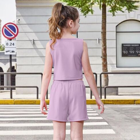 U·nikaka Girls 2 Piece Outfits Casual Girls Shorts Sets Sleeveless Crop Tank Top and Short Sets Ribbed Workout Sets Summer in Kuwait