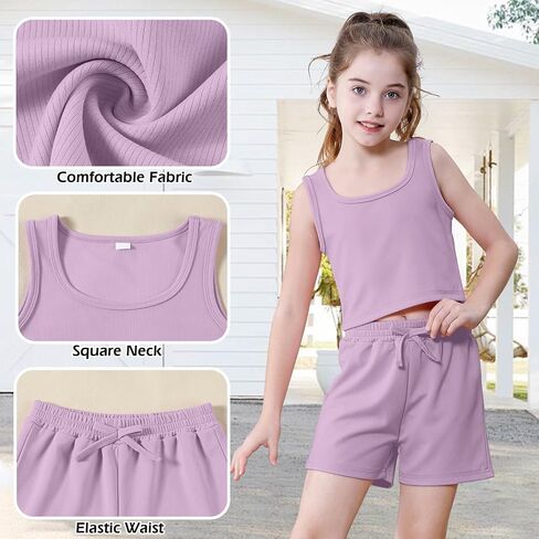 U·nikaka Girls 2 Piece Outfits Casual Girls Shorts Sets Sleeveless Crop Tank Top and Short Sets Ribbed Workout Sets Summer in Kuwait