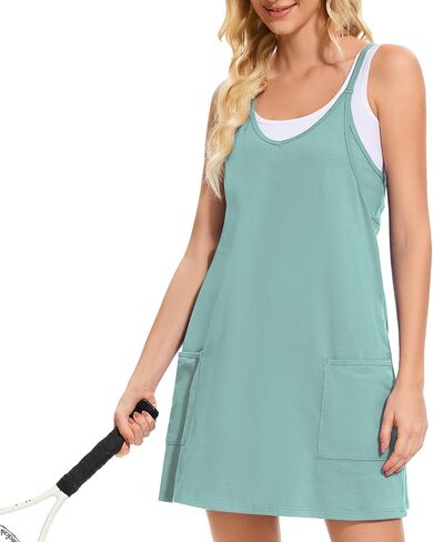 Women Tennis Workout Romper Mini Dress Summer Sleeveless Spaghetti Strap Athletic Sports Dress with Shorts in Saudi Arabia