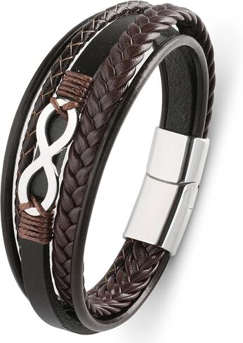 Mens Cuff Infinity Bracelet - Stainless Steel Genuine Leather Bracelets for Men - Multilayer Row Punk Jewelry in Kuwait
