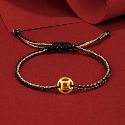 String Bracelet Solid Gold Charm Bracelets Black Lucky Coins Gold Jewelry Cool Bracelets Unisex for Women Men Adults Girlfriend Friendship Couple Bracelet Pure Gold Not Gold Plated in Kuwait
