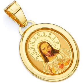 14k REAL Yellow Gold Religious Jesus Heart Enamel Picture Charm Pendant