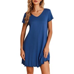 Ekouaer Nightgowns for Women Short Sleeve Sleepshirt V Neck Short Nightshirt Pullover Soft Ruffled Sleepwear S-XXXL