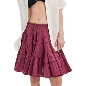 Womens Knee Length Skirts Boho Y2k Going Out Streetwear Lace Teen Girls Flowy Pleated A Line Short Layered Skirt