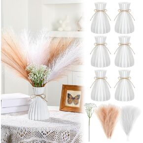 126 PCS Pampas Grass Decor مع مزهرية شملت 6 مزهرية بلاستيكية بيضاء 60 Faux Faux Short Pampas Grass 60 Natural Baby's Breath Words for Wedding Centerposes ، Boho Rustic Farmhouse Home Decor