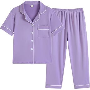 Vopmocld Boys Girls Short Sleeve & Pants Button Down Pajama Sets Solid Color with Pockets Sleepwear Outfit Teens Lounge
