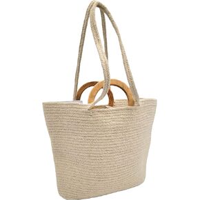Recycled Cotton Handloom Basket Bag with Wooden Handle for Women - Chic Shoulder Fabric Tote Handbag - Handmade Boho Hippie Style