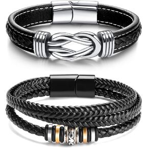 LOWNOUR Black Leather Bracelets for Men Women 5pcs Mens Bracelet Leather and Steel Magnetic Braided Cuff Bracelets