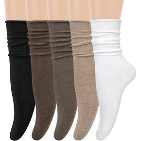 5 Pairs Slouchy Socks for Women, Crew Cotton Socks with Cute Roll Top Casual Calf Long Sock