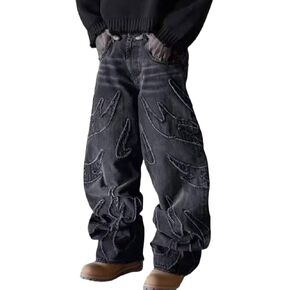 Y2K Men's Street Retro Hip-hop Flame Splicing Wide Leg Gothic Loose Jeans