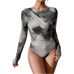 Milumia Women's Tie Dye Wrap Front Ruched Mesh Tee Bodysuit Long Sleeve Leotard Tops